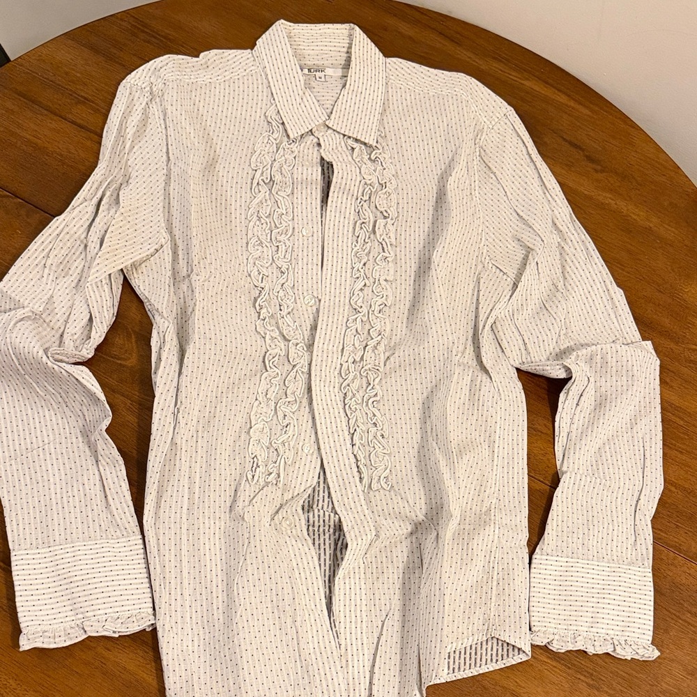 Men's White Dress Shirt with Ruffle Detail